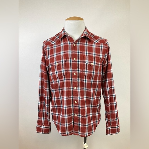 LUCKY BRAND Red Plaid Long Sleeve Button Front Shirt Chambray Lined, sz MD - Picture 1 of 8